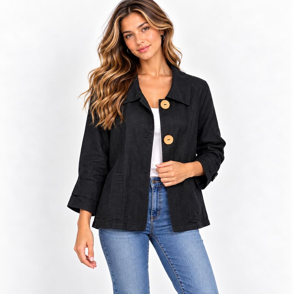 Jaclyn Smith Linen Blend Blazer Black Pockets Large Buttons Women's Size Sm NWT